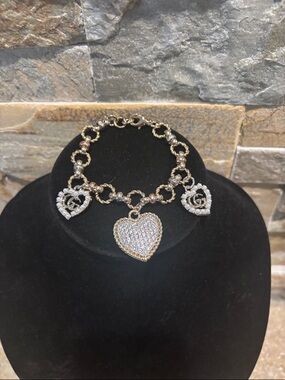 Tri color metal bracelet with Gold Heart Charm Bracelet with Crystal Accents